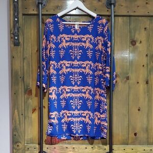 Anthropologie Blue and Orange Birdcage Long Sleeve Dress Career Wedding Guest